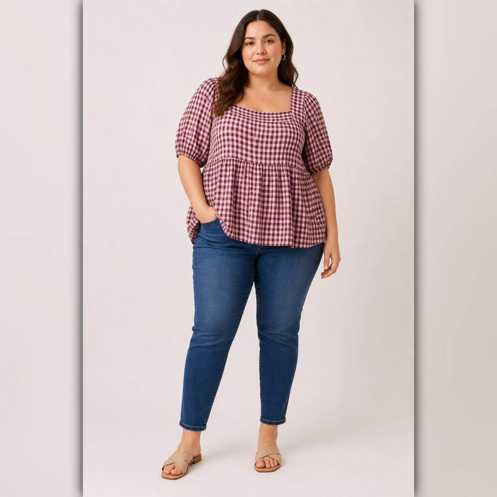 A230 • Mauve Gingham Square Neck Puff Sleeve Peplum Blouse